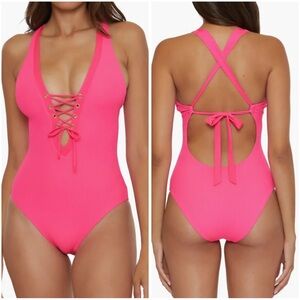NEW Becca Modern Edge Ribbed Lace up plunge one piece swimsuit beachwear Size M